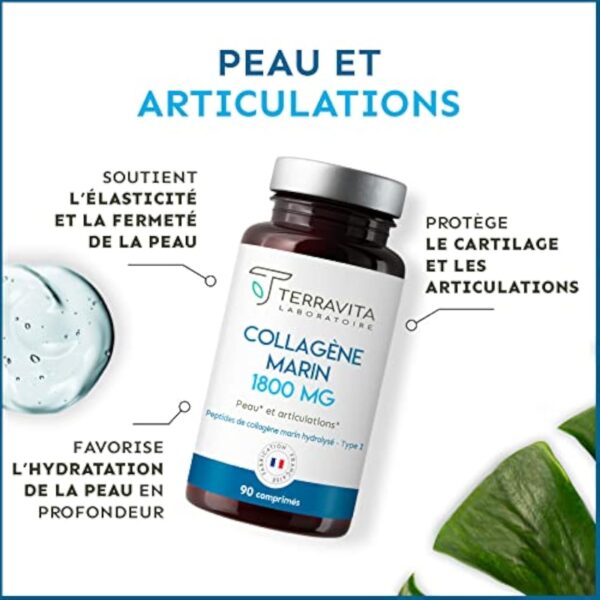 Peptides de COLLAGÈNE MARIN Purs Breveté + Vit C | Dosage Fort 1800 mg en 3 Comprimés | 90 Comprimés | Articulations Souples, Peau Lisse et Hydratée | Filière 100% Française | Terravita – Image 3