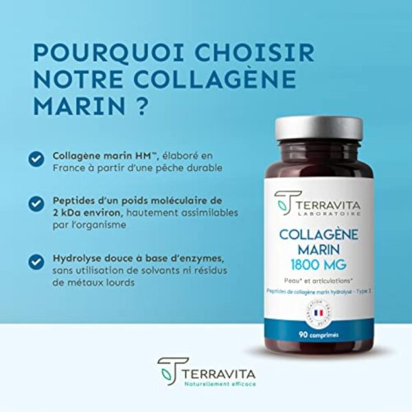Peptides de COLLAGÈNE MARIN Purs Breveté + Vit C | Dosage Fort 1800 mg en 3 Comprimés | 90 Comprimés | Articulations Souples, Peau Lisse et Hydratée | Filière 100% Française | Terravita – Image 4