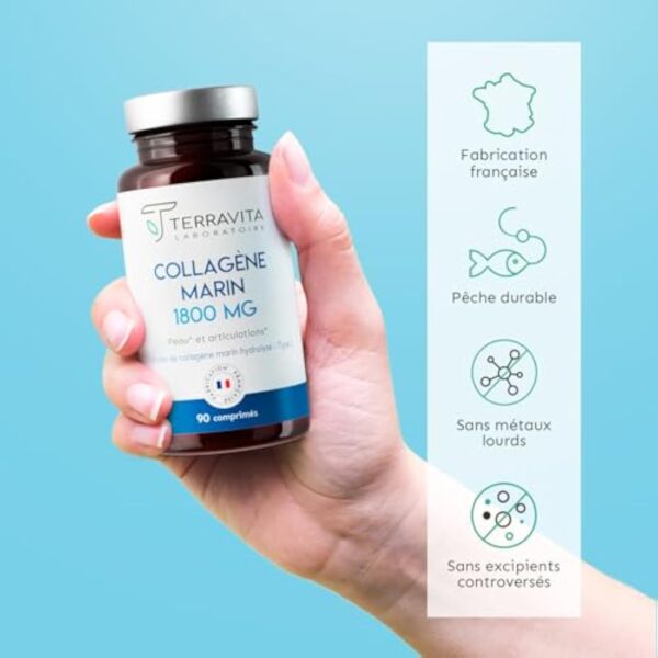 Peptides de COLLAGÈNE MARIN Purs Breveté + Vit C | Dosage Fort 1800 mg en 3 Comprimés | 90 Comprimés | Articulations Souples, Peau Lisse et Hydratée | Filière 100% Française | Terravita – Image 5