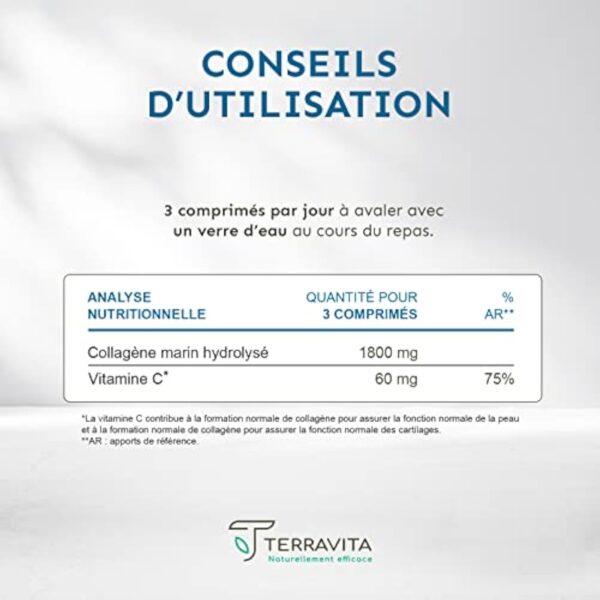 Peptides de COLLAGÈNE MARIN Purs Breveté + Vit C | Dosage Fort 1800 mg en 3 Comprimés | 90 Comprimés | Articulations Souples, Peau Lisse et Hydratée | Filière 100% Française | Terravita – Image 6