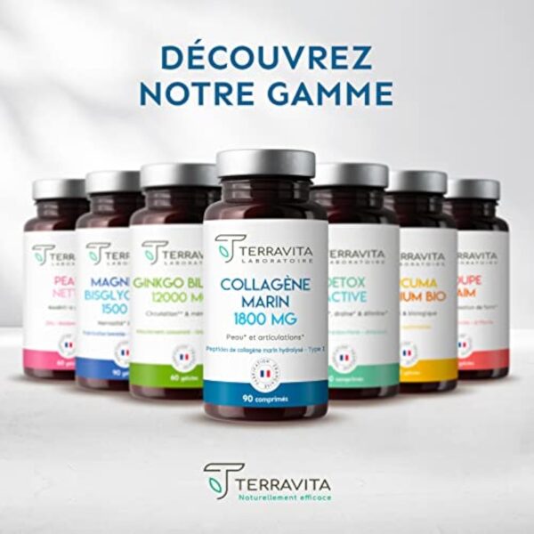 Peptides de COLLAGÈNE MARIN Purs Breveté + Vit C | Dosage Fort 1800 mg en 3 Comprimés | 90 Comprimés | Articulations Souples, Peau Lisse et Hydratée | Filière 100% Française | Terravita – Image 7