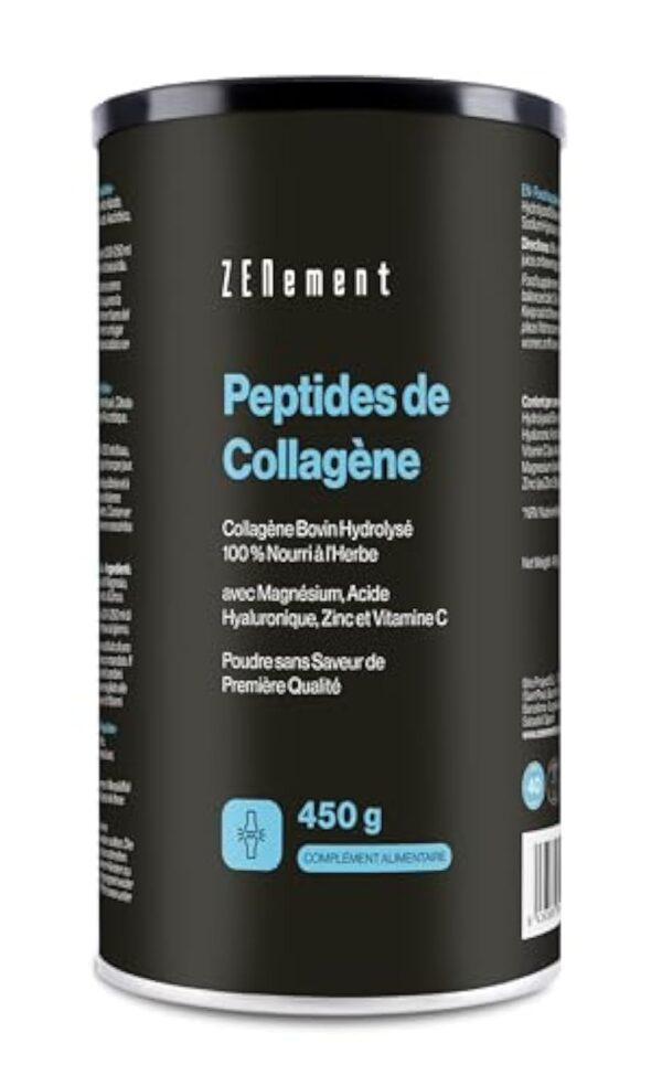 Peptides de Collagène Hydrolysé - Poudre de Collagène bovin provenant de pâturages - avec Magnésium, Acide Hyaluronique, Zinc et Vitamine C - Non Aromatisé - Haute Solubilité - 450 g