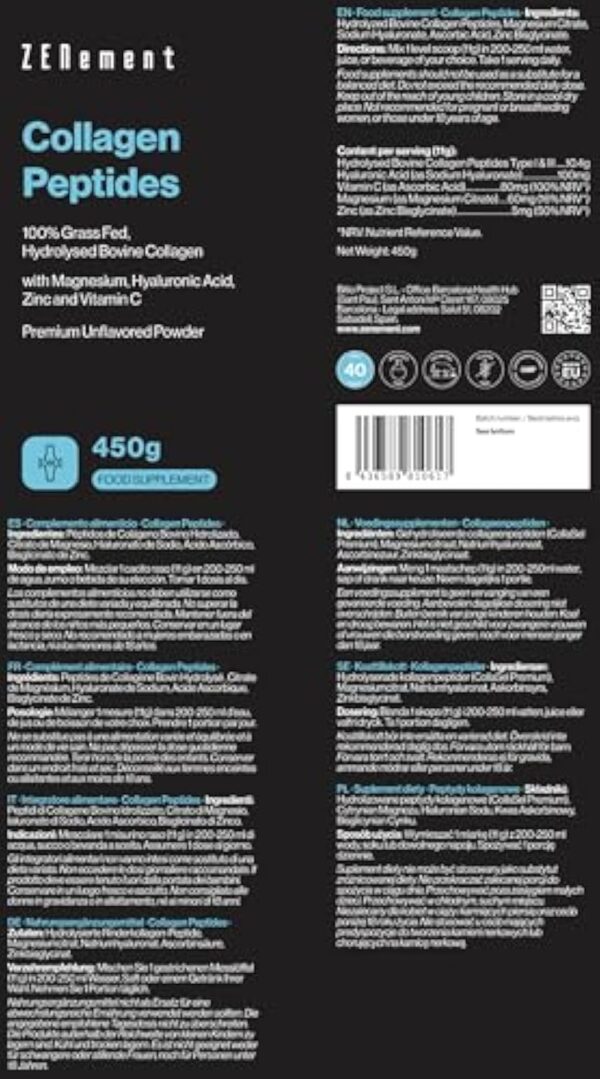 Peptides de Collagène Hydrolysé - Poudre de Collagène bovin provenant de pâturages - avec Magnésium, Acide Hyaluronique, Zinc et Vitamine C - Non Aromatisé - Haute Solubilité - 450 g – Image 5
