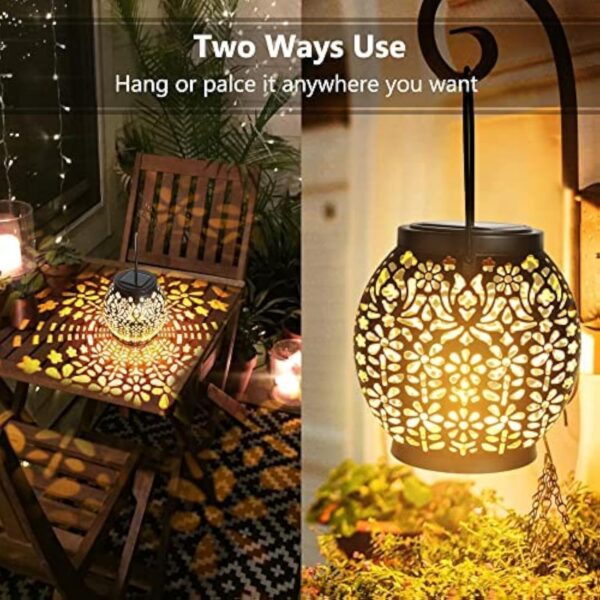 PhilzOps Lanterne Solaire Exterieur, 2 Paquets LED Lampe Solaires de Jardin IP65 Étanche Blanc Chaud Lanterne Énergie Suspendre pour Patio Terrasse Cour Pelouse Table Fête Maison Orientale Décoration – Image 3
