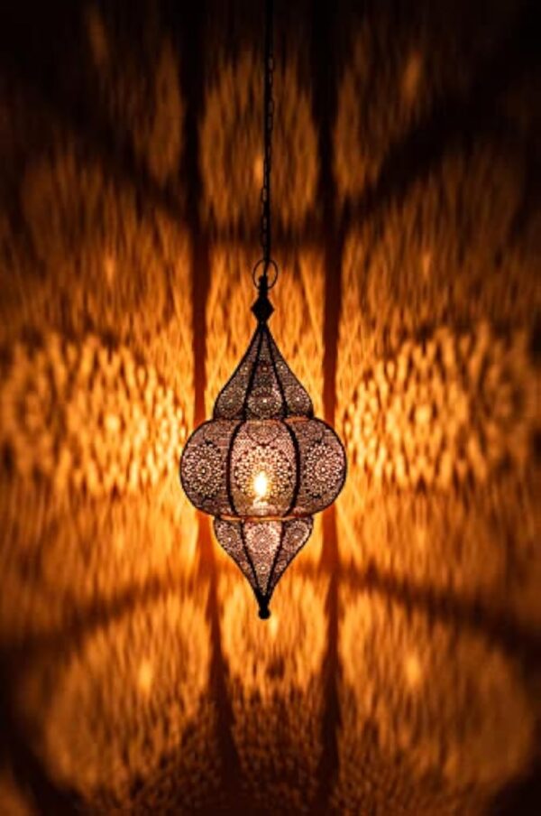 Plafonnier indien oriental Lunar Noir 40cm E27 Douille | Plafonnier Lustre de Salon marocain oriental | Lanterne électrique indienne Vintage design décoration de maison orientale arabe – Image 3