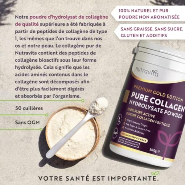 Poudre de Collagene 500g - Premium Peptides de Collagène Hydrolysés de Type 1-50 Portions - Collagen Hydrolysat de Collagene Bovin avec 8 Acides Aminés - à Boire - Goût Neutre - Nutravita – Image 3