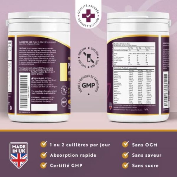 Poudre de Collagene 500g - Premium Peptides de Collagène Hydrolysés de Type 1-50 Portions - Collagen Hydrolysat de Collagene Bovin avec 8 Acides Aminés - à Boire - Goût Neutre - Nutravita – Image 4
