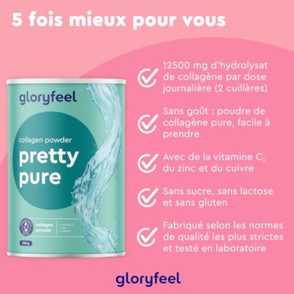 Poudre de Collagène 500g Sans Saveur, Avec Ingrédients Premium Brevetés, 12500mg de Collagène Hydrolysé Type I, Enrichi en Vitamine C, Zinc et Cuivre, Soutient la Peau, les Ongles et les Cheveux* – Image 4