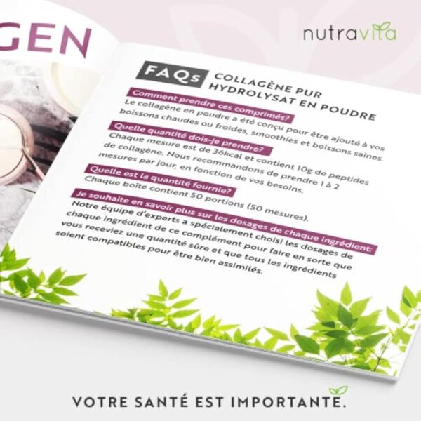 Poudre de Collagene 500g - Premium Peptides de Collagène Hydrolysés de Type 1-50 Portions - Collagen Hydrolysat de Collagene Bovin avec 8 Acides Aminés - à Boire - Goût Neutre - Nutravita – Image 5