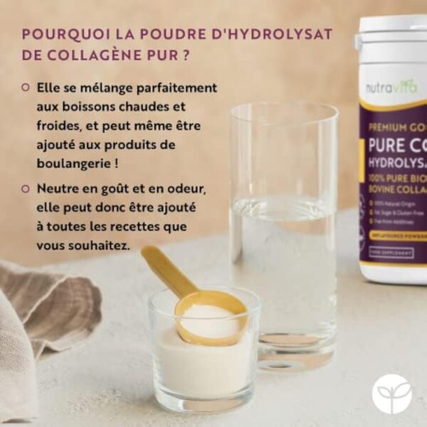 Poudre de Collagene 500g - Premium Peptides de Collagène Hydrolysés de Type 1-50 Portions - Collagen Hydrolysat de Collagene Bovin avec 8 Acides Aminés - à Boire - Goût Neutre - Nutravita – Image 6