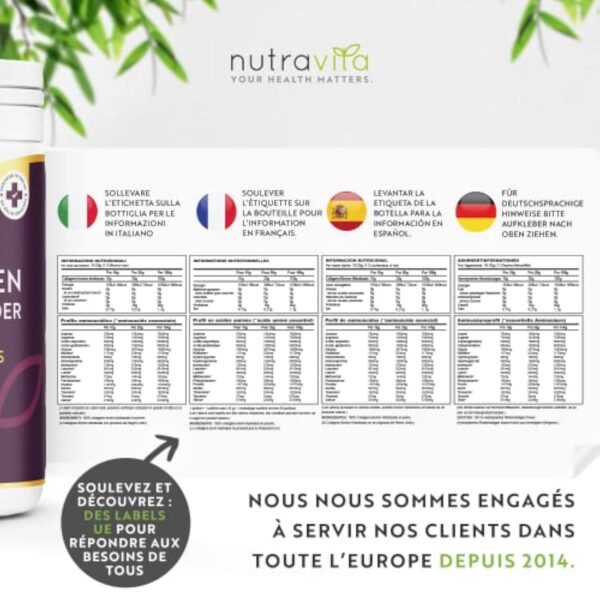 Poudre de Collagene 500g - Premium Peptides de Collagène Hydrolysés de Type 1-50 Portions - Collagen Hydrolysat de Collagene Bovin avec 8 Acides Aminés - à Boire - Goût Neutre - Nutravita – Image 7