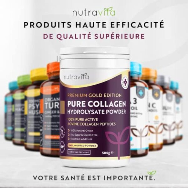 Poudre de Collagene 500g - Premium Peptides de Collagène Hydrolysés de Type 1-50 Portions - Collagen Hydrolysat de Collagene Bovin avec 8 Acides Aminés - à Boire - Goût Neutre - Nutravita – Image 9