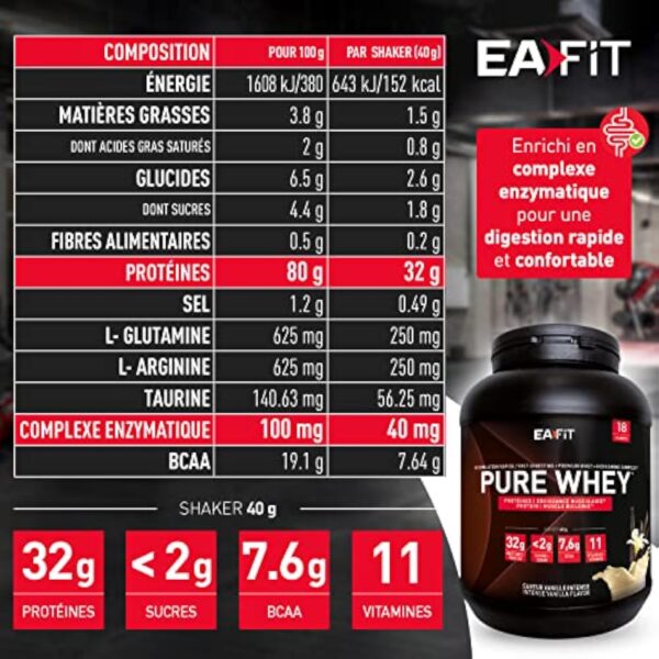 Pure Whey Vanille | EAFIT | Protéine | 32g de protéines Whey+7,6g de BCAA/shaker+magnesium | Musculation,Maintien et construction de la masse musculaire|Whey protein pour le sport | 750g – Image 4