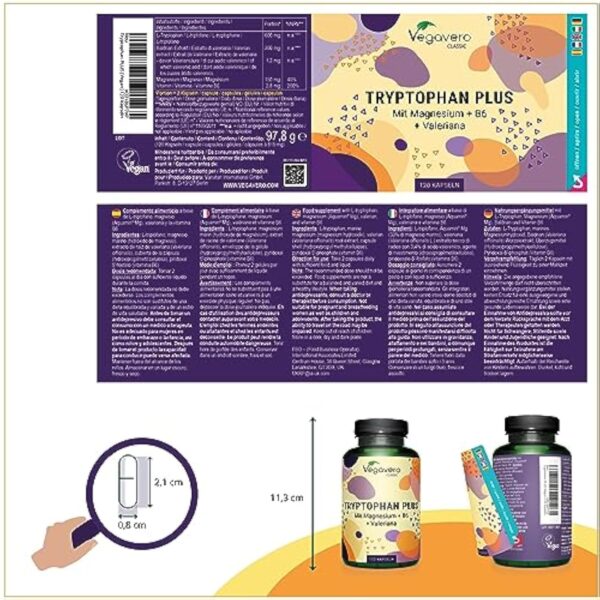 Tryptophane 600 mg | Avec Valériane, Magnesium et Vitamine B6 | Aide au Sommeil + Humeur | 120 Gélules | Vegan & Sans Additifs | Vegavero® – Image 4