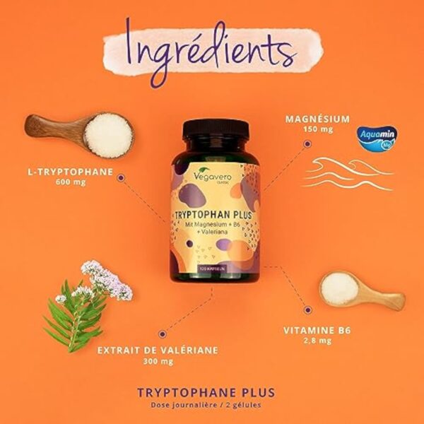 Tryptophane 600 mg | Avec Valériane, Magnesium et Vitamine B6 | Aide au Sommeil + Humeur | 120 Gélules | Vegan & Sans Additifs | Vegavero® – Image 5