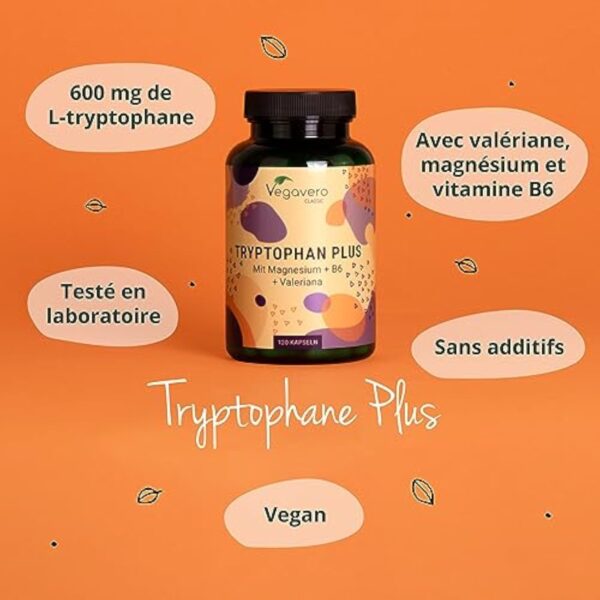 Tryptophane 600 mg | Avec Valériane, Magnesium et Vitamine B6 | Aide au Sommeil + Humeur | 120 Gélules | Vegan & Sans Additifs | Vegavero® – Image 7