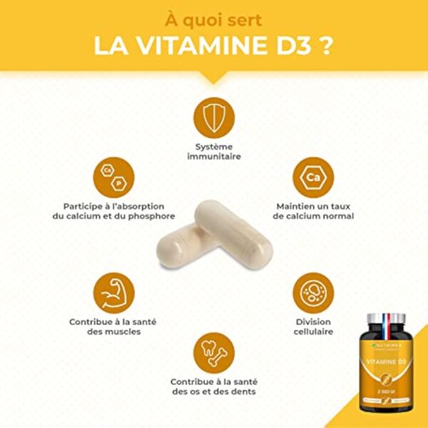 VITAMINE D3 – 100% Pure - 2000 UI - 1000% des Apports Journaliers – Santé des Os & des Dents - Immunité - 60 Gélules – Nutrimea - Fabriqué en France – Image 3