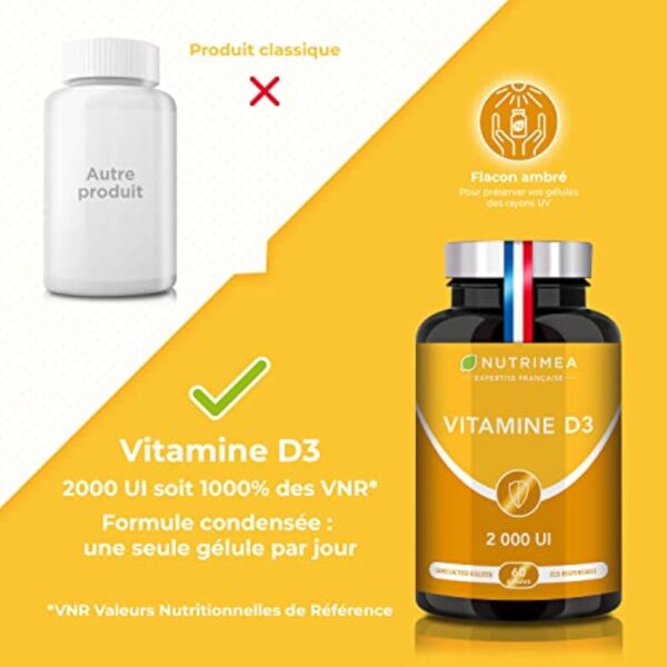 VITAMINE D3 – 100% Pure - 2000 UI - 1000% des Apports Journaliers – Santé des Os & des Dents - Immunité - 60 Gélules – Nutrimea - Fabriqué en France – Image 4