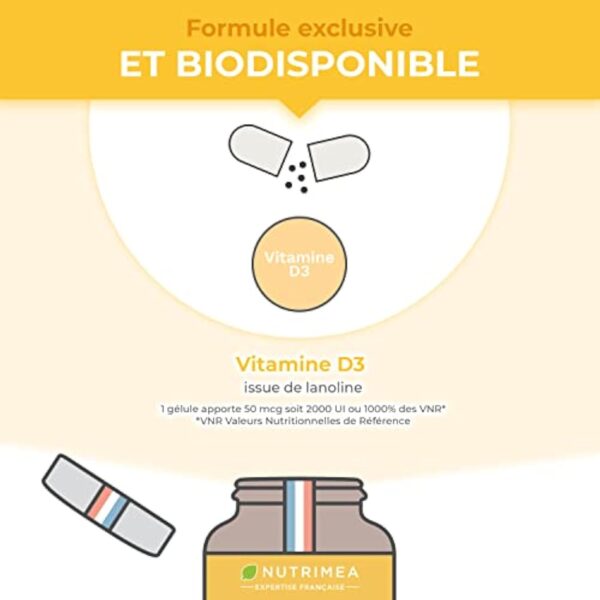 VITAMINE D3 – 100% Pure - 2000 UI - 1000% des Apports Journaliers – Santé des Os & des Dents - Immunité - 60 Gélules – Nutrimea - Fabriqué en France – Image 5