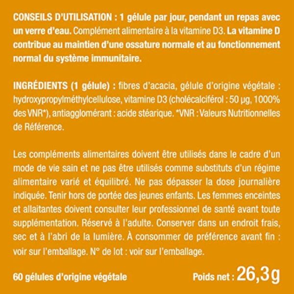 VITAMINE D3 – 100% Pure - 2000 UI - 1000% des Apports Journaliers – Santé des Os & des Dents - Immunité - 60 Gélules – Nutrimea - Fabriqué en France – Image 9