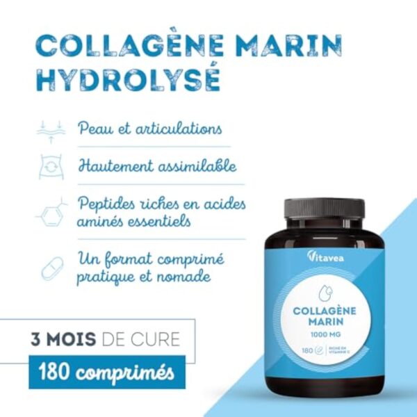 VITAVEA BIEN-ETRE Collagène Marin 1000mg Type 1 et 3-180 comprimés - Peptide de Collagène Marin Hydrolysé, Vitamine C, Sélénium - Peau Hydratée & Articulations Souples - 3 mois - Fabriqué en France – Image 3