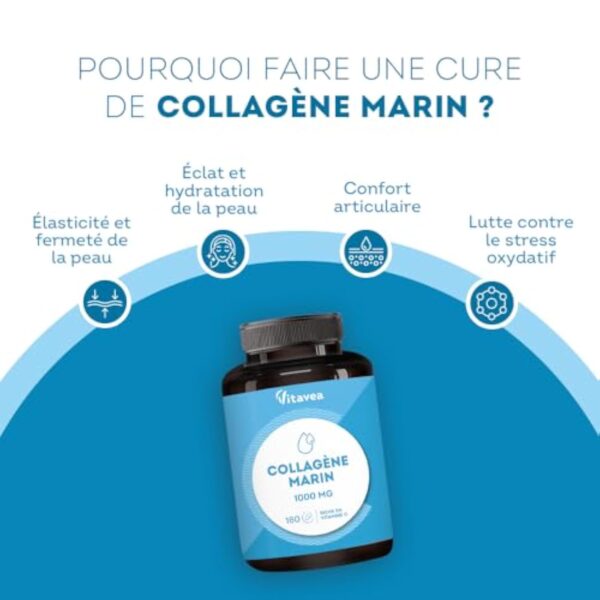 VITAVEA BIEN-ETRE Collagène Marin 1000mg Type 1 et 3-180 comprimés - Peptide de Collagène Marin Hydrolysé, Vitamine C, Sélénium - Peau Hydratée & Articulations Souples - 3 mois - Fabriqué en France – Image 4