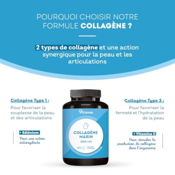VITAVEA BIEN-ETRE Collagène Marin 1000mg Type 1 et 3-180 comprimés - Peptide de Collagène Marin Hydrolysé, Vitamine C, Sélénium - Peau Hydratée & Articulations Souples - 3 mois - Fabriqué en France – Image 5