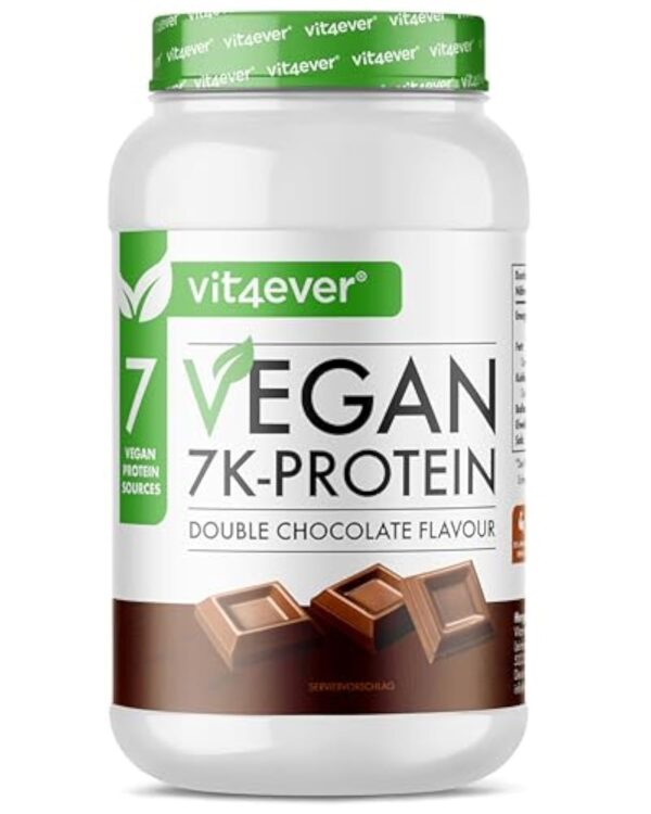 Vegan 7K Protein - 1kg -Double Chocolat - Poudre de protéine purement végétale avec des protéines de riz, d'amande, de soja, de pois, de chanvre, de canneberge et de tournesol.
