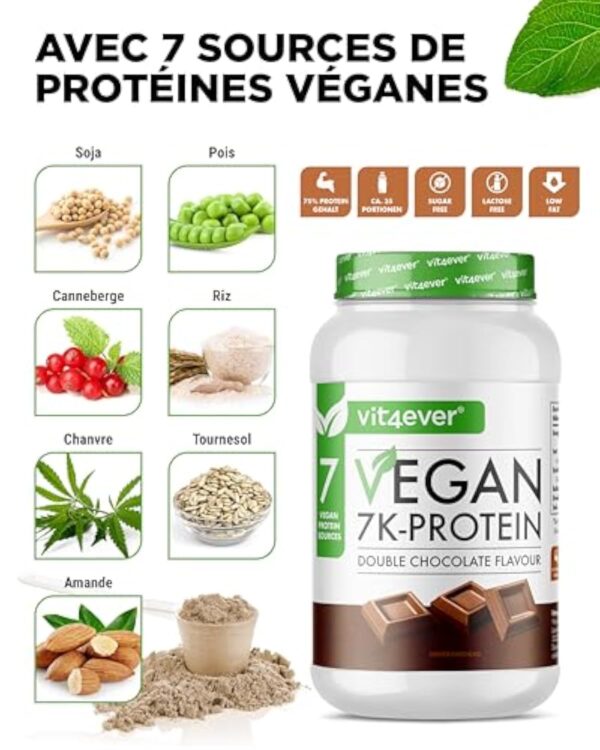 Vegan 7K Protein - 1kg -Double Chocolat - Poudre de protéine purement végétale avec des protéines de riz, d'amande, de soja, de pois, de chanvre, de canneberge et de tournesol. – Image 3