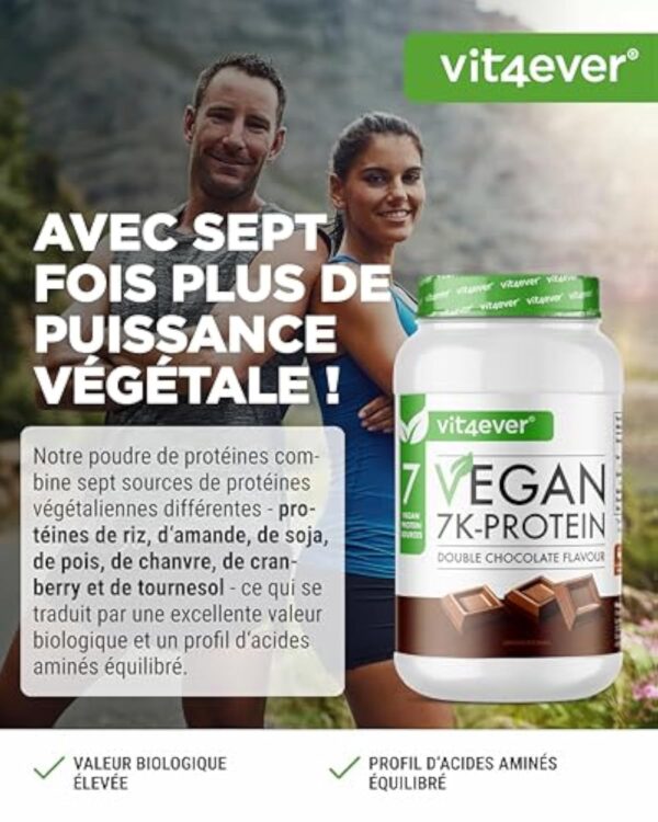 Vegan 7K Protein - 1kg -Double Chocolat - Poudre de protéine purement végétale avec des protéines de riz, d'amande, de soja, de pois, de chanvre, de canneberge et de tournesol. – Image 4