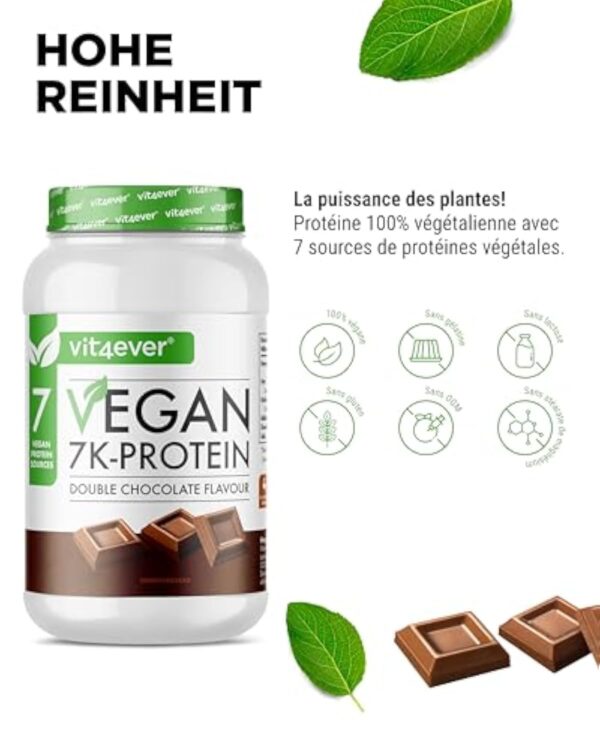 Vegan 7K Protein - 1kg -Double Chocolat - Poudre de protéine purement végétale avec des protéines de riz, d'amande, de soja, de pois, de chanvre, de canneberge et de tournesol. – Image 5