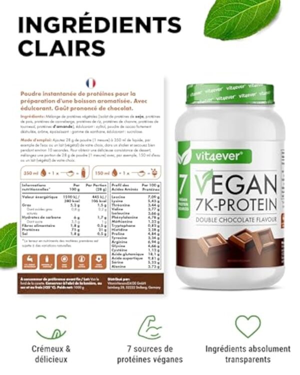 Vegan 7K Protein - 1kg -Double Chocolat - Poudre de protéine purement végétale avec des protéines de riz, d'amande, de soja, de pois, de chanvre, de canneberge et de tournesol. – Image 7