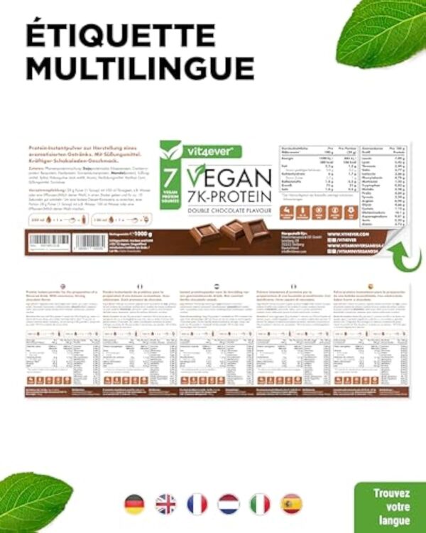 Vegan 7K Protein - 1kg -Double Chocolat - Poudre de protéine purement végétale avec des protéines de riz, d'amande, de soja, de pois, de chanvre, de canneberge et de tournesol. – Image 8