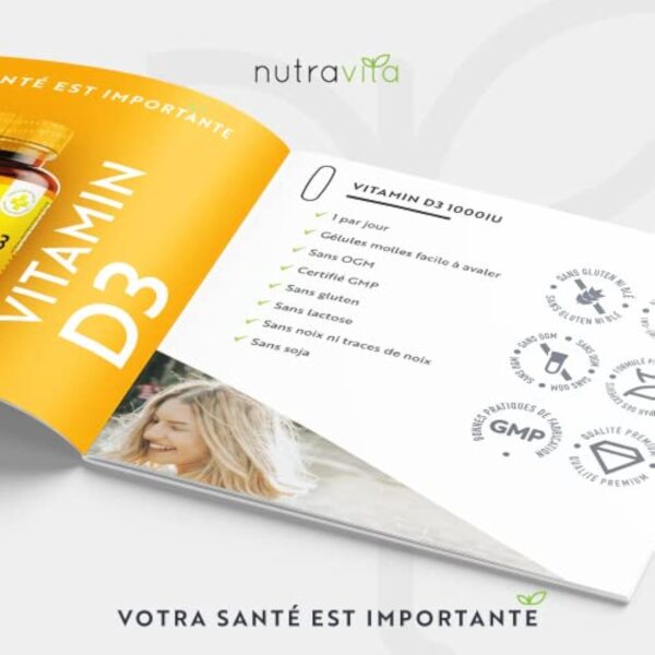 Vitamine D 1000 UI - 365 Capsules Molles - Pour 1 Annéee Entière - Maintien d'un Système Immunitaire Sain, des Muscles, des os et des Dents - Vitamine D3 1000ui Cholecalciferol - Nutravita – Image 7
