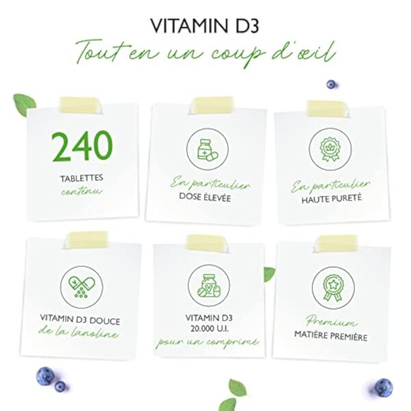 Vitamine D3 20.000 I.E. Depot - 240 Comprimés - Haute Dose - Végétarien - Haute Pureté - 20 Dose Journalière 1000 I.E. par Jour – Image 4