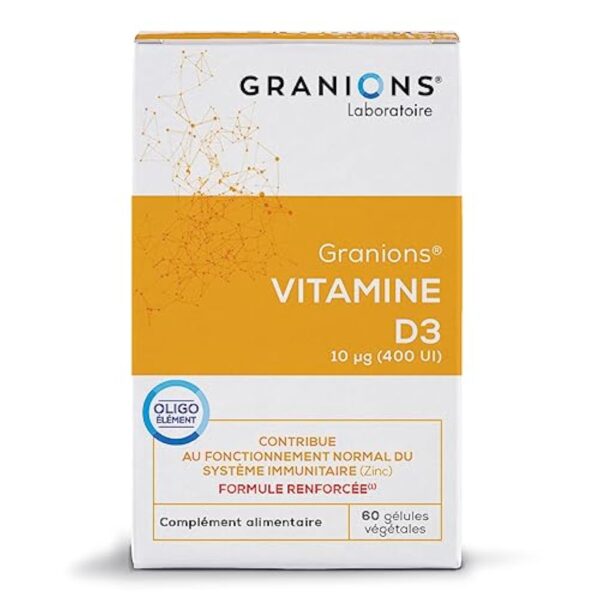 Vitamine D3 GRANIONS | Complément alimentaire vitamines | Vitamine D3 10µg avec Zinc | Défenses immunitaires, capital osseux, vitamine D | Made in France | 2x60 gelules – Image 2
