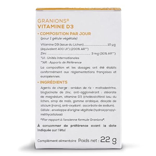 Vitamine D3 GRANIONS | Complément alimentaire vitamines | Vitamine D3 10µg avec Zinc | Défenses immunitaires, capital osseux, vitamine D | Made in France | 2x60 gelules – Image 3