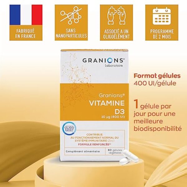 Vitamine D3 GRANIONS | Complément alimentaire vitamines | Vitamine D3 10µg avec Zinc | Défenses immunitaires, capital osseux, vitamine D | Made in France | 2x60 gelules – Image 4