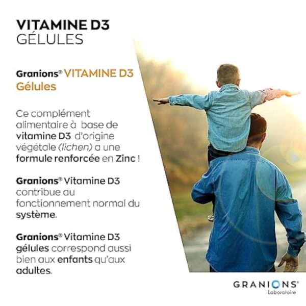 Vitamine D3 GRANIONS | Complément alimentaire vitamines | Vitamine D3 10µg avec Zinc | Défenses immunitaires, capital osseux, vitamine D | Made in France | 2x60 gelules – Image 5