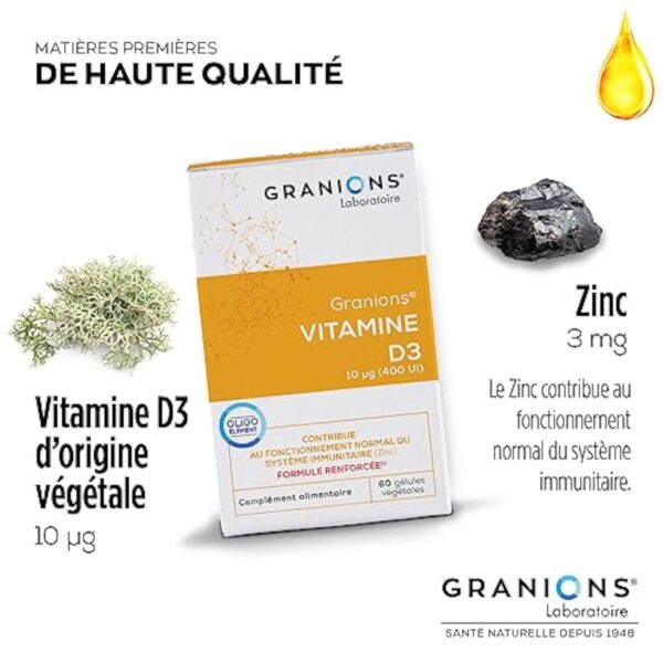 Vitamine D3 GRANIONS | Complément alimentaire vitamines | Vitamine D3 10µg avec Zinc | Défenses immunitaires, capital osseux, vitamine D | Made in France | 2x60 gelules – Image 6