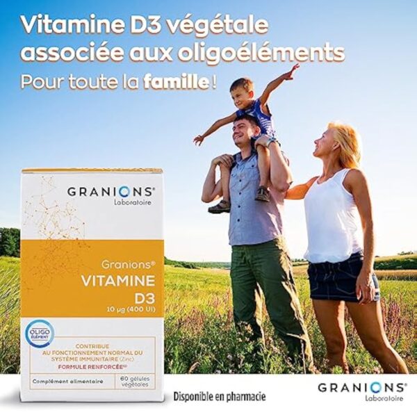 Vitamine D3 GRANIONS | Complément alimentaire vitamines | Vitamine D3 10µg avec Zinc | Défenses immunitaires, capital osseux, vitamine D | Made in France | 2x60 gelules – Image 7