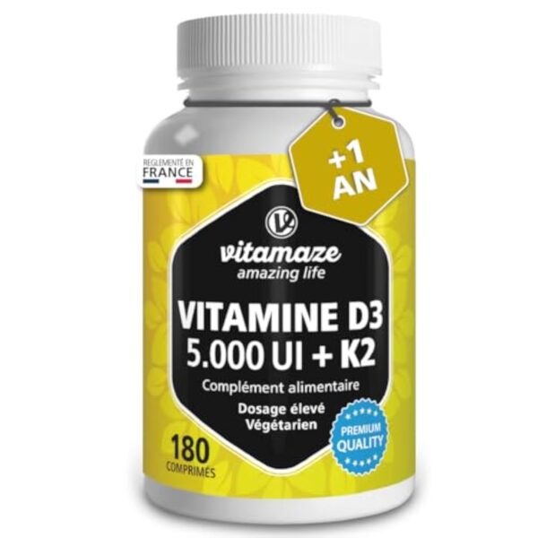 Vitamine D3 K2 Haute Dose, Vitamine D3 5000 UI + Vitamine K2 (MK7) 100µg - Pour les Os, les Muscles, le Système Immunitaire - Naturelle Sans Additifs et Haute Biodisponibilité - Qualité Allemande