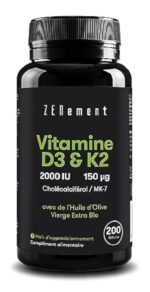 Vitamine D3 K2 avec de l'Huile d’Olive Vierge Extra Biologique - Vitamine D3 2000 UI et Vitamine K2 MK7 (Ménaquinone) 150 μg - Dosage Élevé Pour les Os, les Muscles & le Système Immunitaire