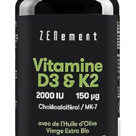 Vitamine D3 K2 avec de l'Huile d’Olive Vierge Extra Biologique - Vitamine D3 2000 UI et Vitamine K2 MK7 (Ménaquinone) 150 μg - Dosage Élevé Pour les Os, les Muscles & le Système Immunitaire