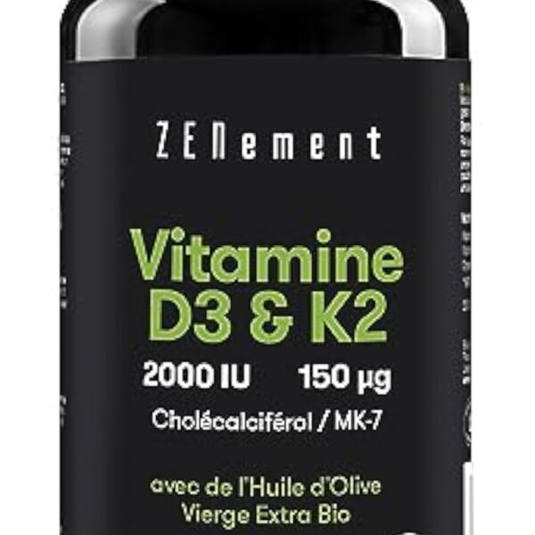 Vitamine D3 K2 avec de l'Huile d’Olive Vierge Extra Biologique - Vitamine D3 2000 UI et Vitamine K2 MK7 (Ménaquinone) 150 μg - Dosage Élevé Pour les Os, les Muscles & le Système Immunitaire