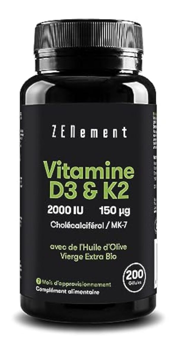 Vitamine D3 K2 avec de l'Huile d’Olive Vierge Extra Biologique - Vitamine D3 2000 UI et Vitamine K2 MK7 (Ménaquinone) 150 μg - Dosage Élevé Pour les Os, les Muscles & le Système Immunitaire – Image 2