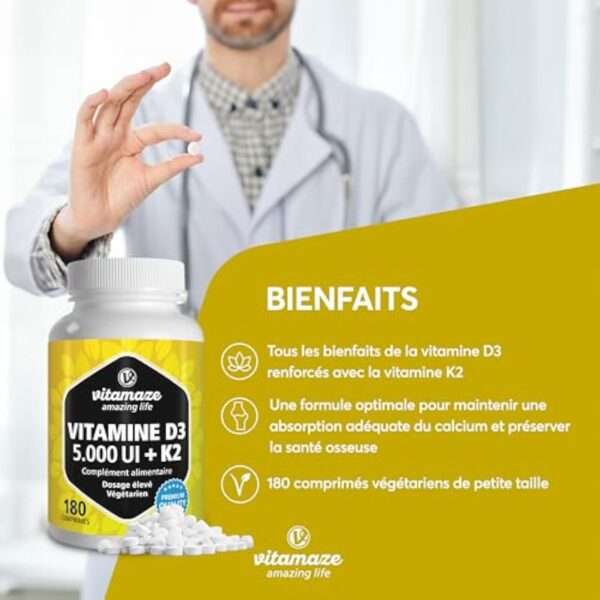 Vitamine D3 K2 Haute Dose, Vitamine D3 5000 UI + Vitamine K2 (MK7) 100µg - Pour les Os, les Muscles, le Système Immunitaire - Naturelle Sans Additifs et Haute Biodisponibilité - Qualité Allemande – Image 3