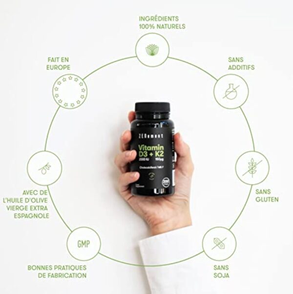 Vitamine D3 K2 avec de l'Huile d’Olive Vierge Extra Biologique - Vitamine D3 2000 UI et Vitamine K2 MK7 (Ménaquinone) 150 μg - Dosage Élevé Pour les Os, les Muscles & le Système Immunitaire – Image 4