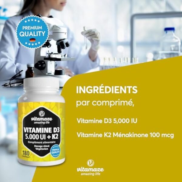 Vitamine D3 K2 Haute Dose, Vitamine D3 5000 UI + Vitamine K2 (MK7) 100µg - Pour les Os, les Muscles, le Système Immunitaire - Naturelle Sans Additifs et Haute Biodisponibilité - Qualité Allemande – Image 4