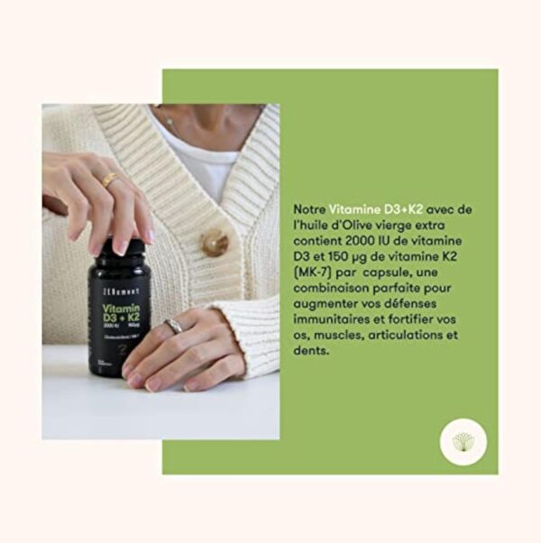 Vitamine D3 K2 avec de l'Huile d’Olive Vierge Extra Biologique - Vitamine D3 2000 UI et Vitamine K2 MK7 (Ménaquinone) 150 μg - Dosage Élevé Pour les Os, les Muscles & le Système Immunitaire – Image 6